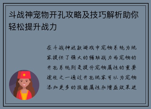 斗战神宠物开孔攻略及技巧解析助你轻松提升战力